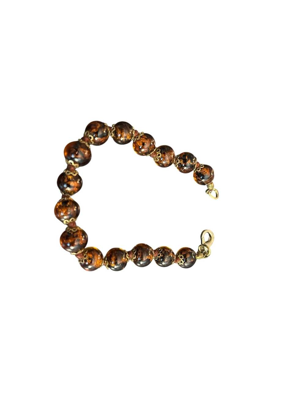Vintage Tortoise Shell Style Art Glass Bead Bracelet with Gold-Tone Filigree Acc - Picture 2 of 2